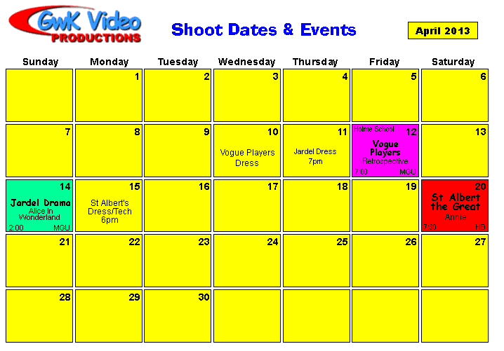 April Shoot Calendar