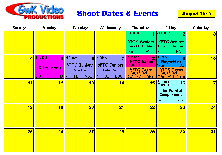 August Shoot Calendar