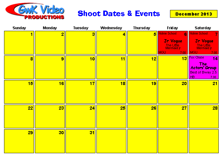 December Shoot Calendar