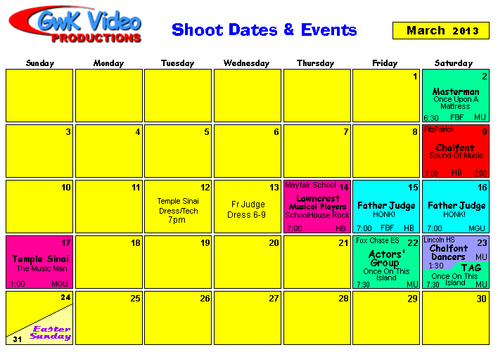 March Shoot Calendar